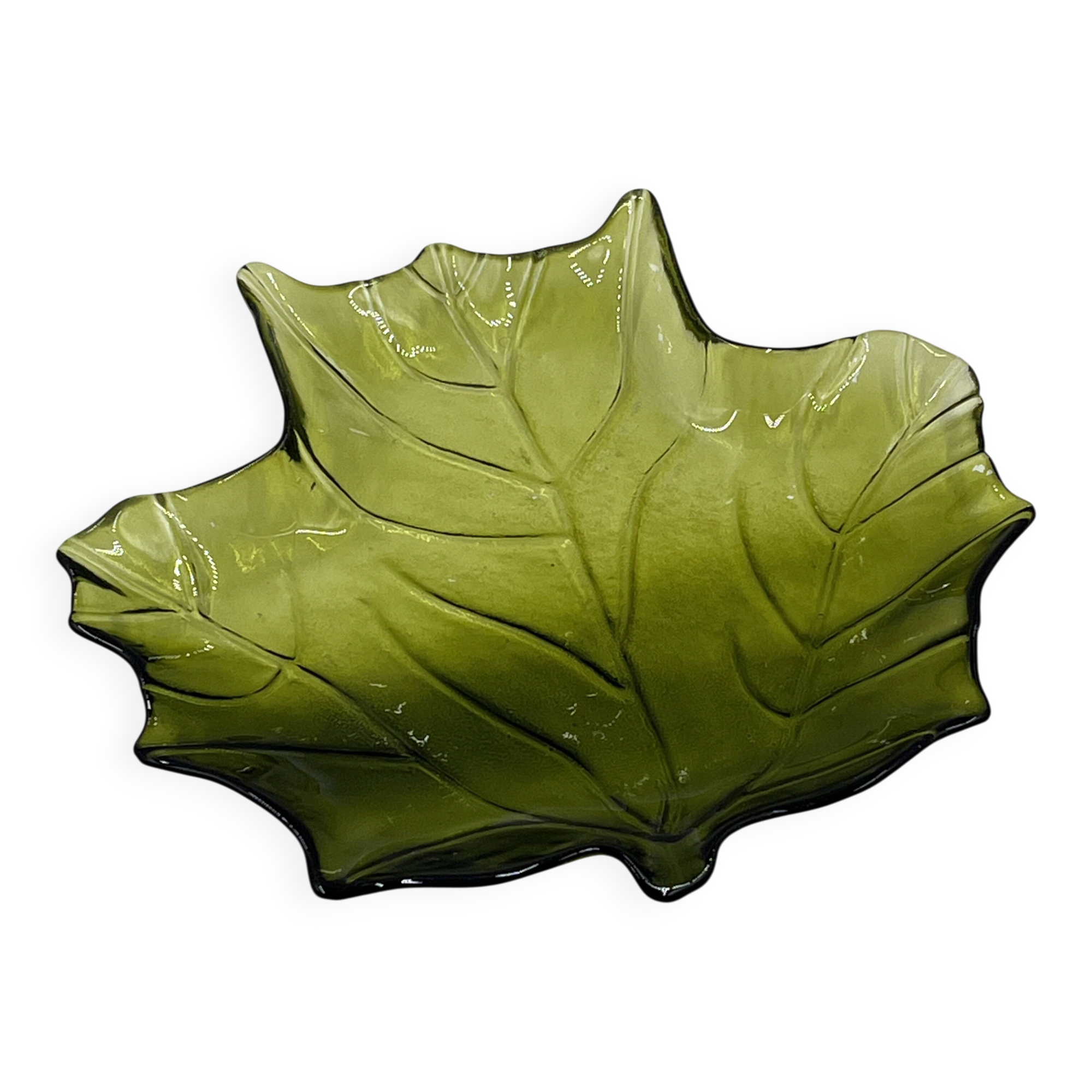 Vintage green glass leaf catchall from the 1970s.