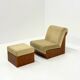 Vintage mid-century beige armchair with wooden frame and ottoman