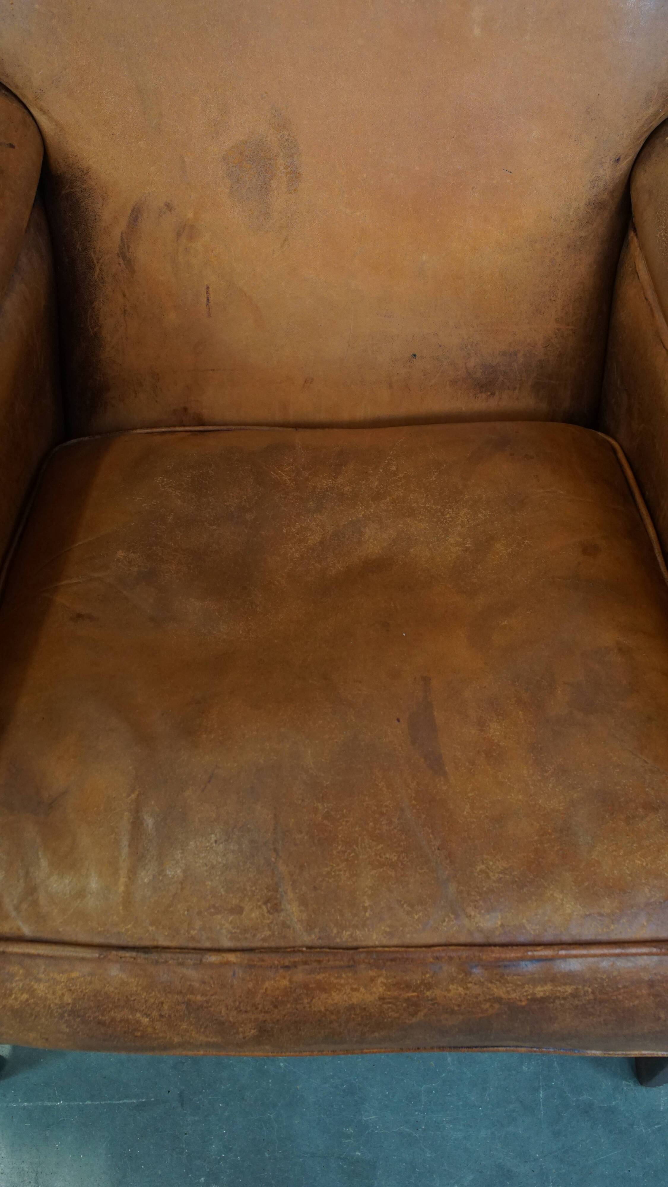 Cognac-Colored Sheepskin Leather Armchair with Straight Lines