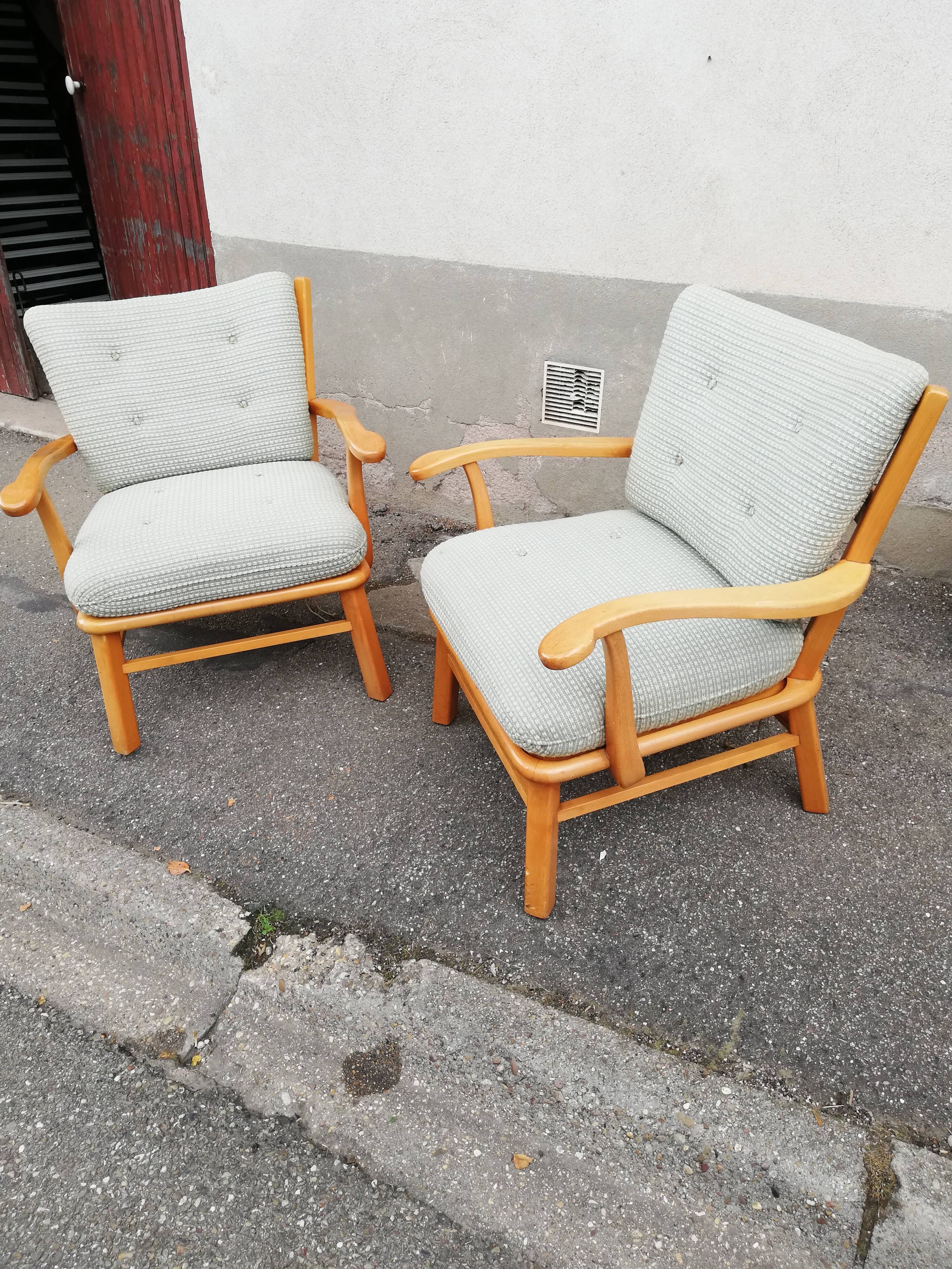 Pair of vintage pastel green fabric armchairs