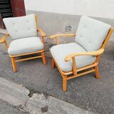 Pair of vintage pastel green fabric armchairs