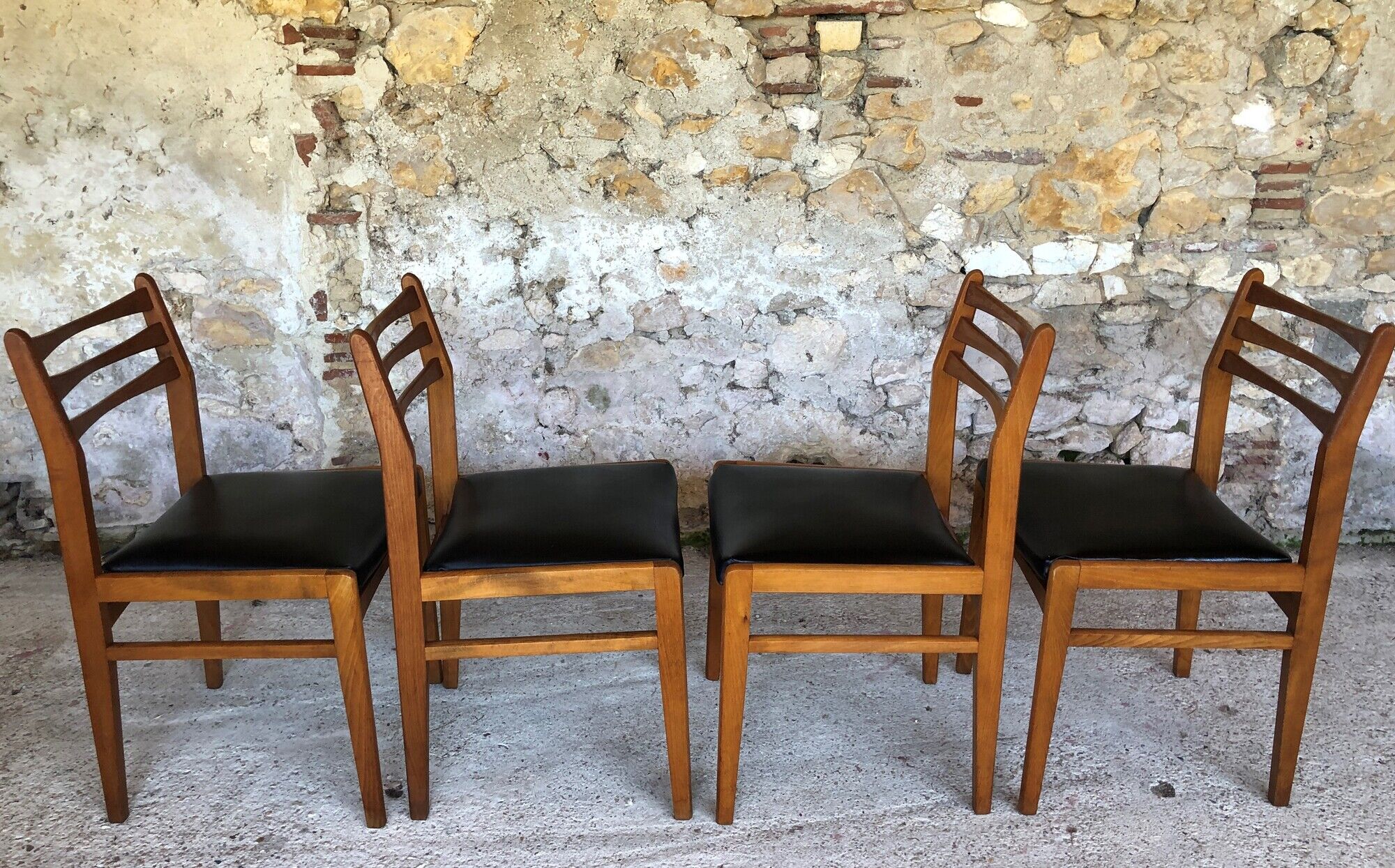 Set of 4 scandinavian chairs in blond teak and black skai 60s