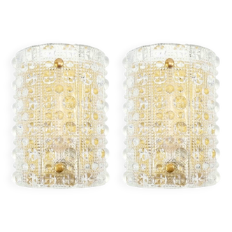 Pair of Mid Century Scandinavian Glass & Brass Wall Lamps by Carl Fagerlund