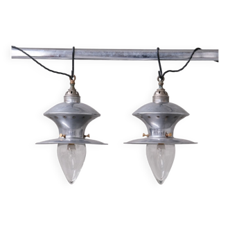 Pair of Mid-Century French Metal and Glass Pendants