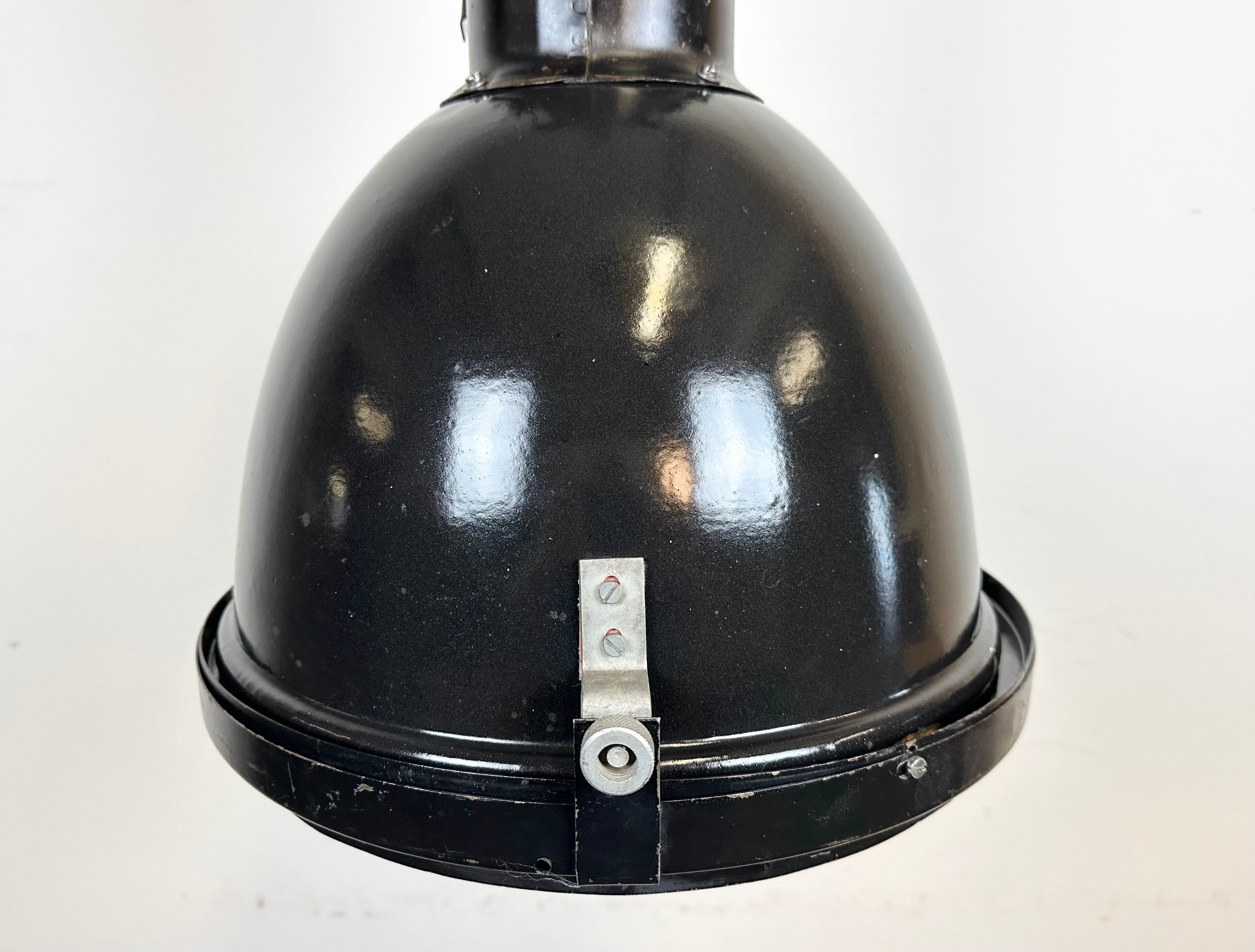 Industrial Black Enamel Factory Spotlight with Convex Glass Cover, 1960s
