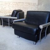 paire de fauteuils, cuir noir & inox, 1990