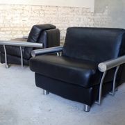pair of armchairs, black leather & stainless steel, 1990
