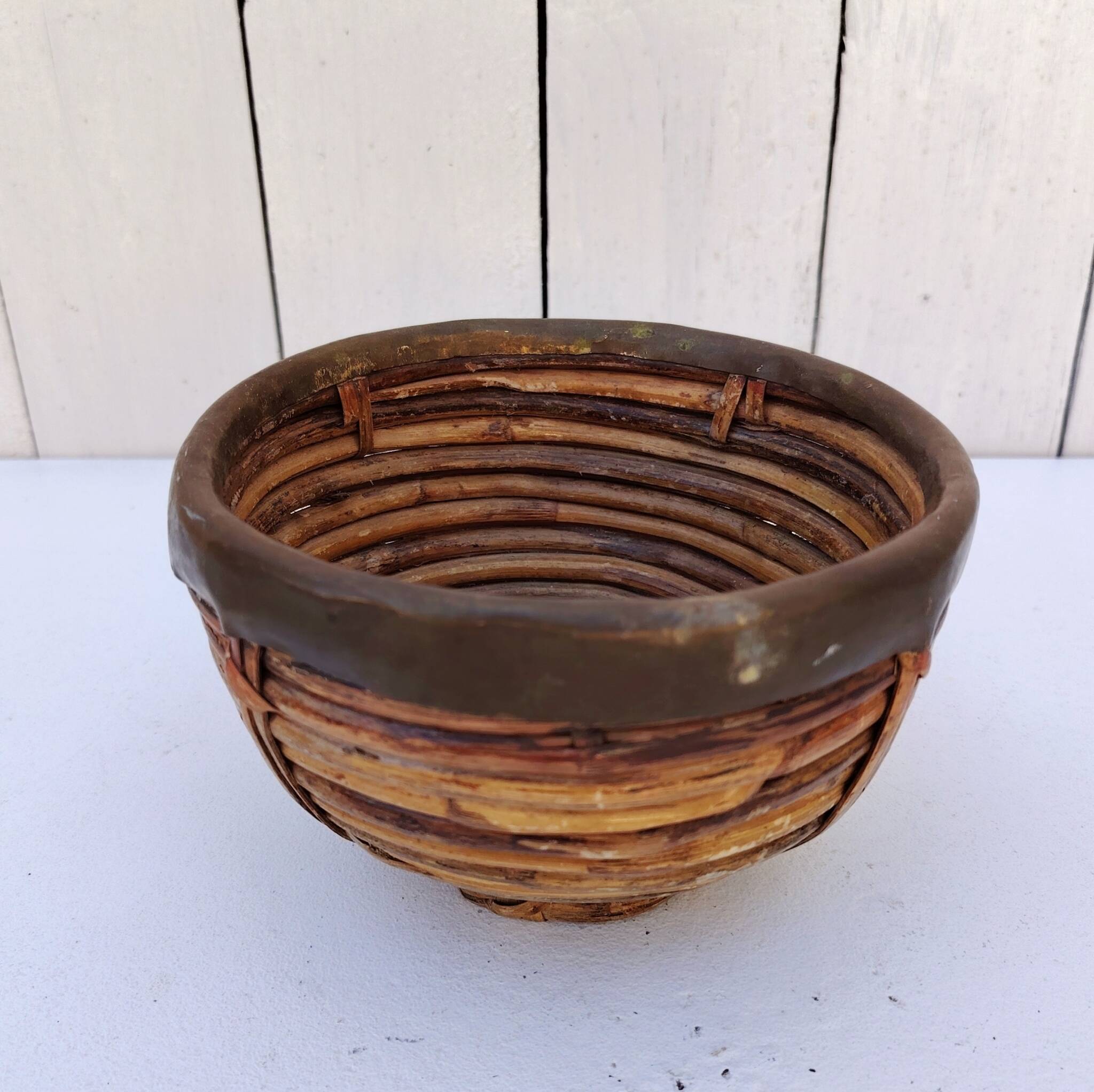 Gabriella Crespi style rattan and brass basket