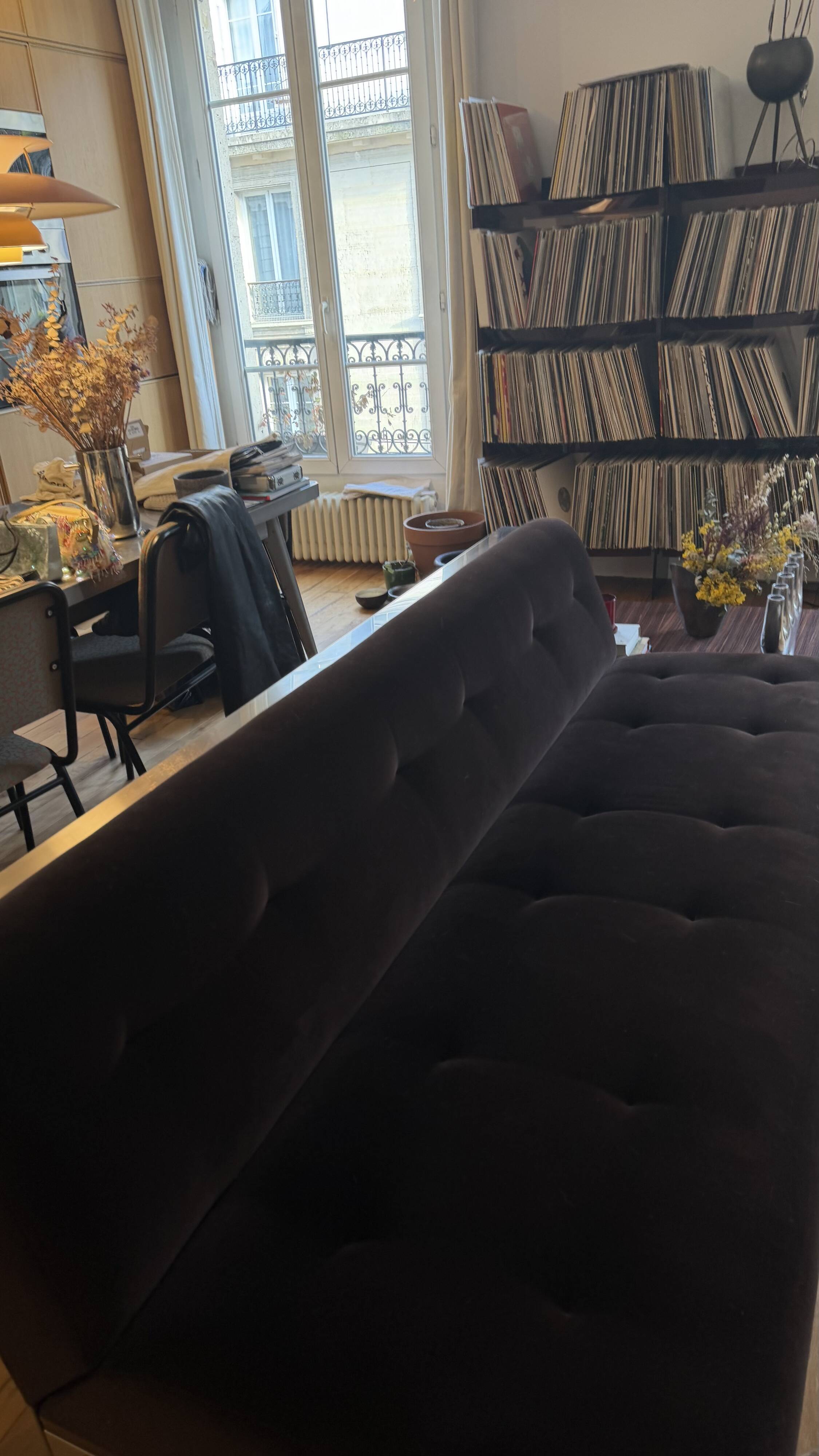 Red Edition Stanley 3-seater sofa with matching chocolate velvet storage.