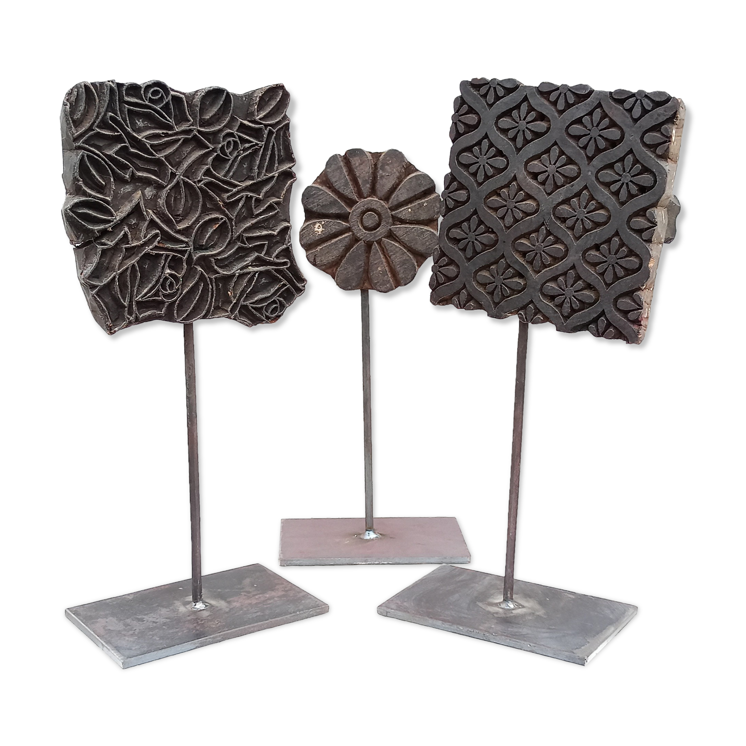 Set of three old ink pads on a base