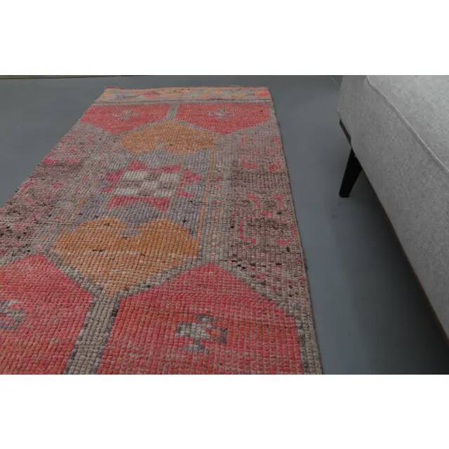 1970s Vintage Turkish Oushak Handmade Wool Cotton Pink Runner Rug 90x365