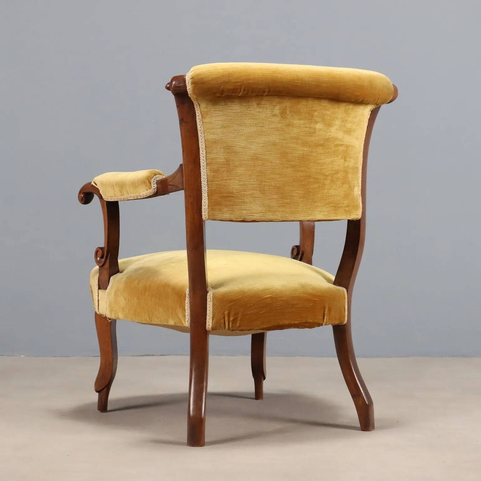 Antique walnut and fabric armchair, Italy, late 19th century.