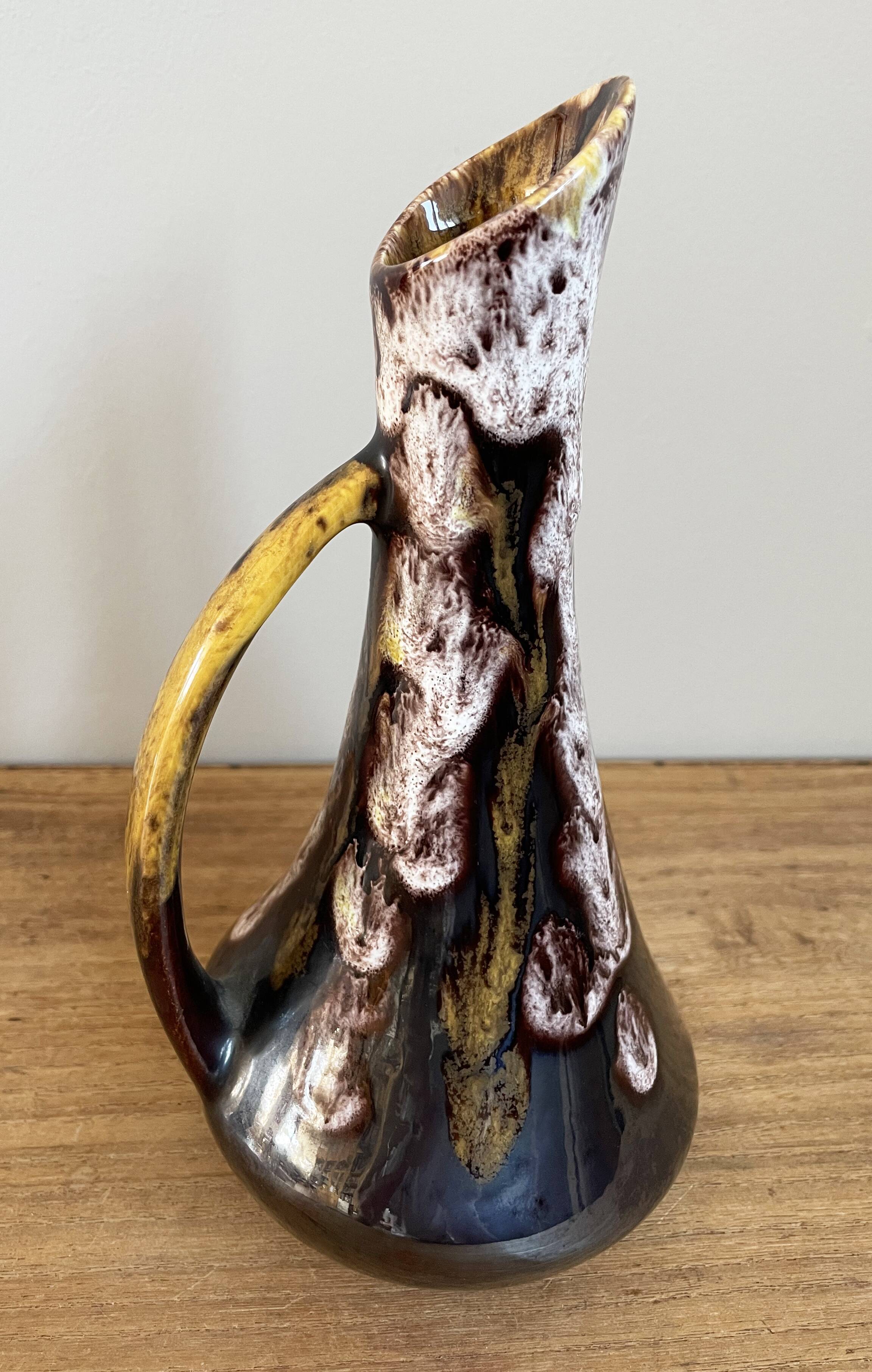 Fat lava style vase with handle, victory, purple, yellow & black drip glaze