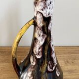 Vase de style fat lave avec poignée, victoire, glaçage goutte à goutte violet, jaune et noir