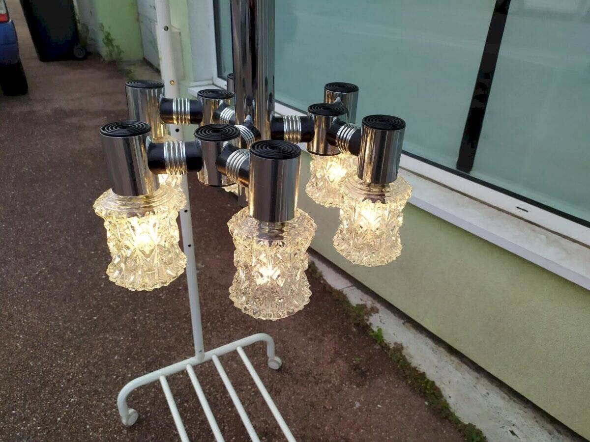 Vintage ceiling light in chrome-plated and cut glass, Targetti 1970 chandelier