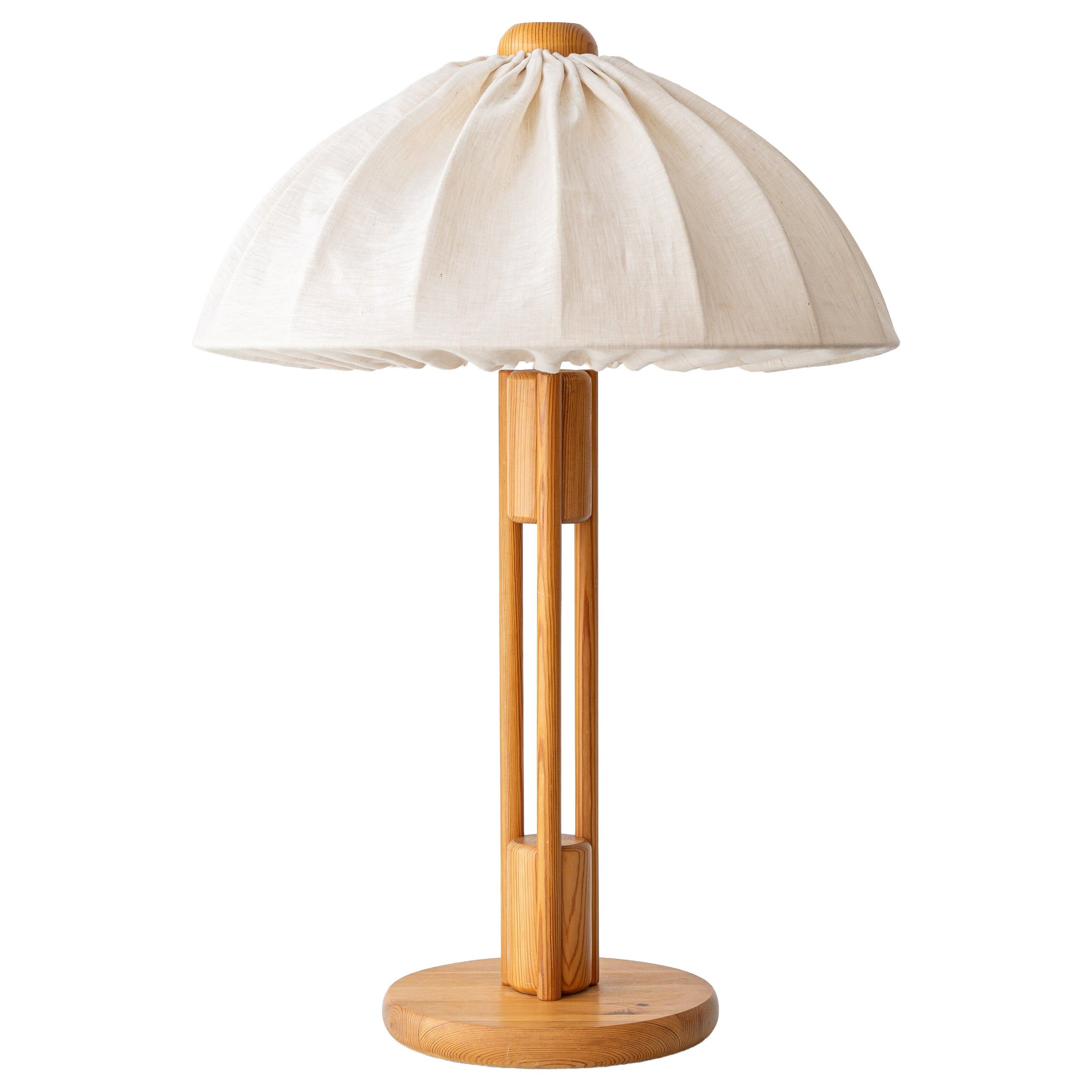 Large Scandinavian Pine Table Lamp with Fabric Shade, 1960s-1970s