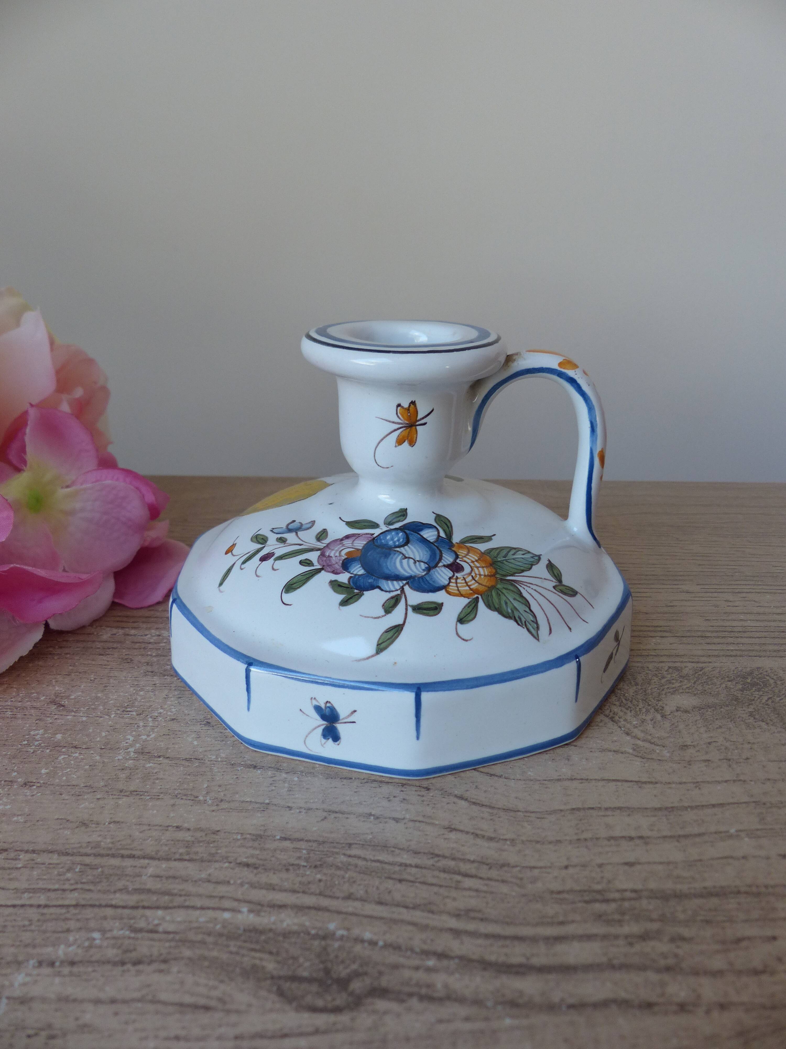 Malicorne earthenware candle holder by Emile Tessier with floral decoration