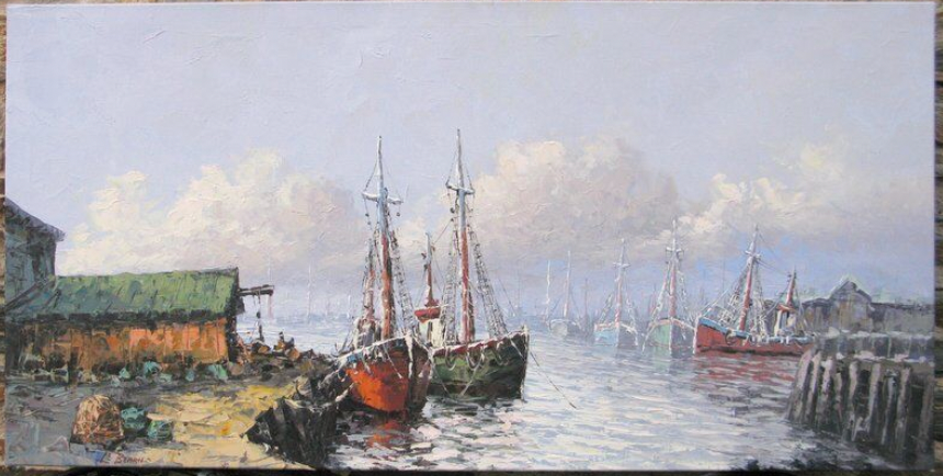 Marine, boats at dock signed Le Bearn, oil on canvas, XXth