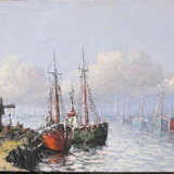 Marine, boats at dock signed Le Bearn, oil on canvas, XXth