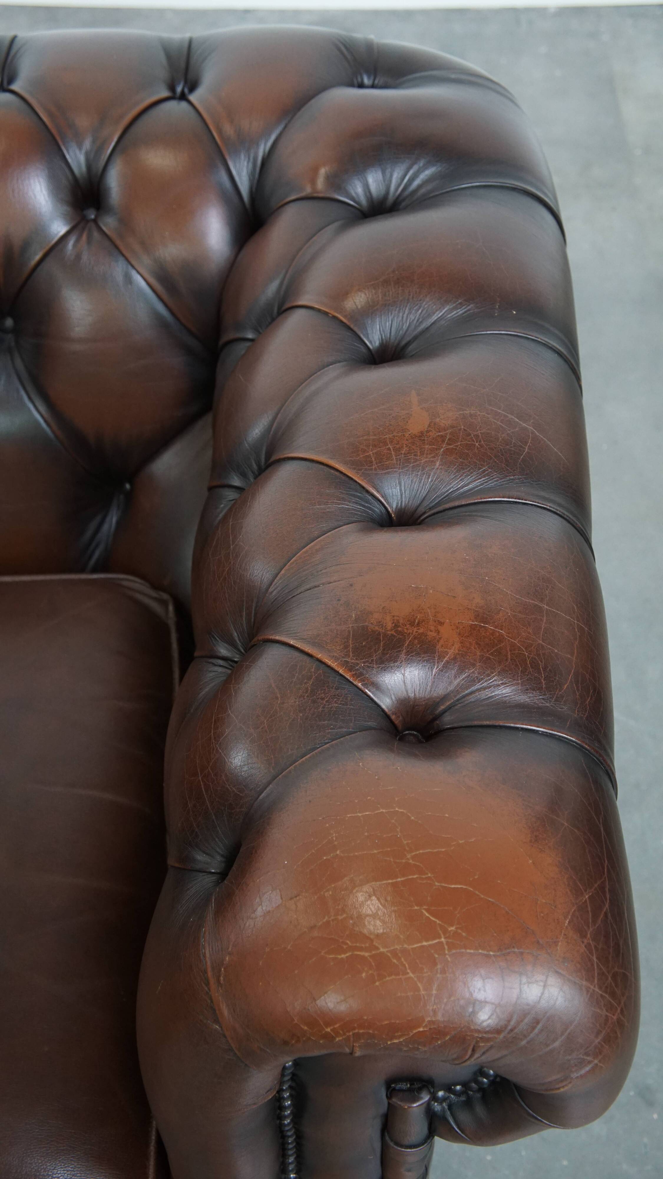 Dark brown English cowhide leather chesterfield armchair