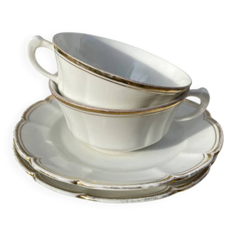 Duo de tasses à thé en porcelaine fine de Limoges blanche et doré