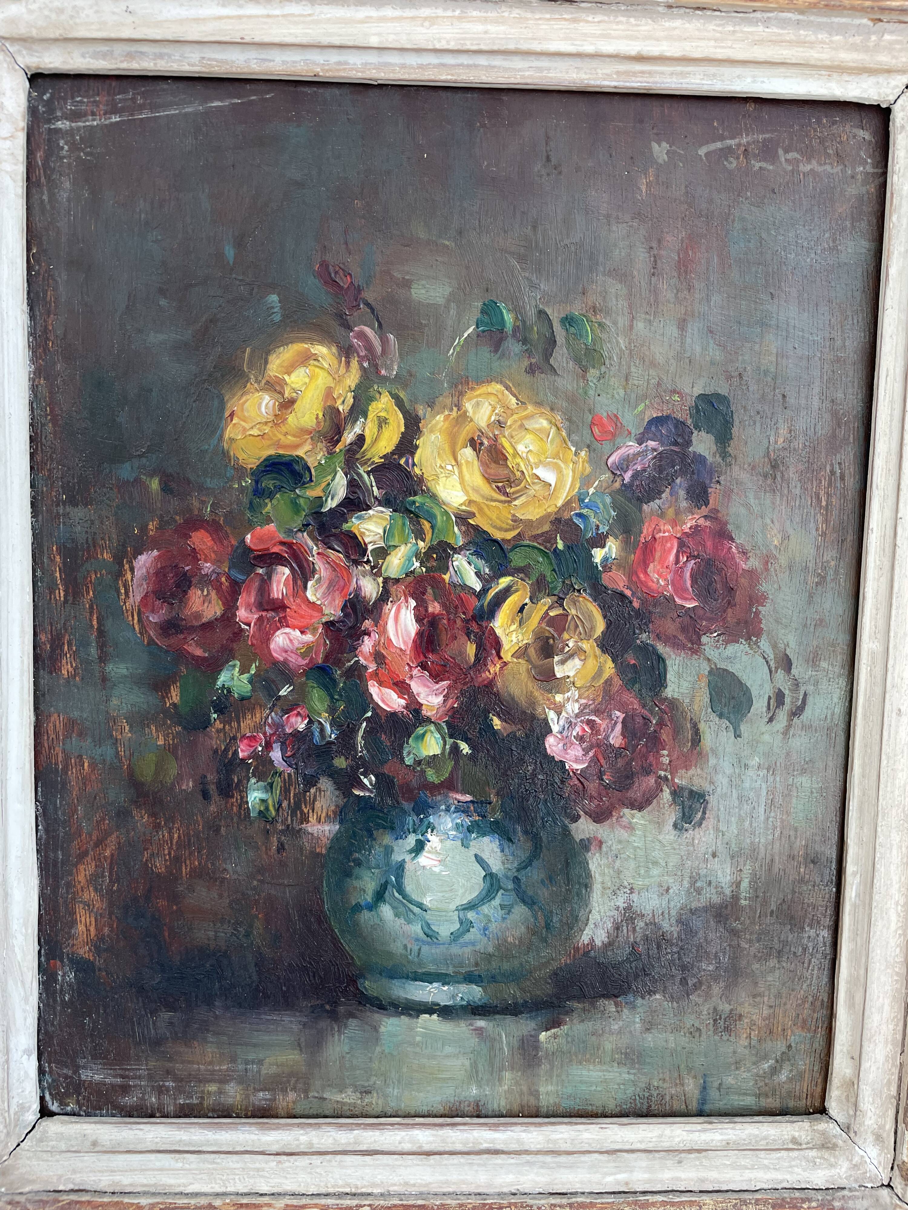 Pair, oil painting, 19th century, still life with bouquet of flowers, wooden frames, signed