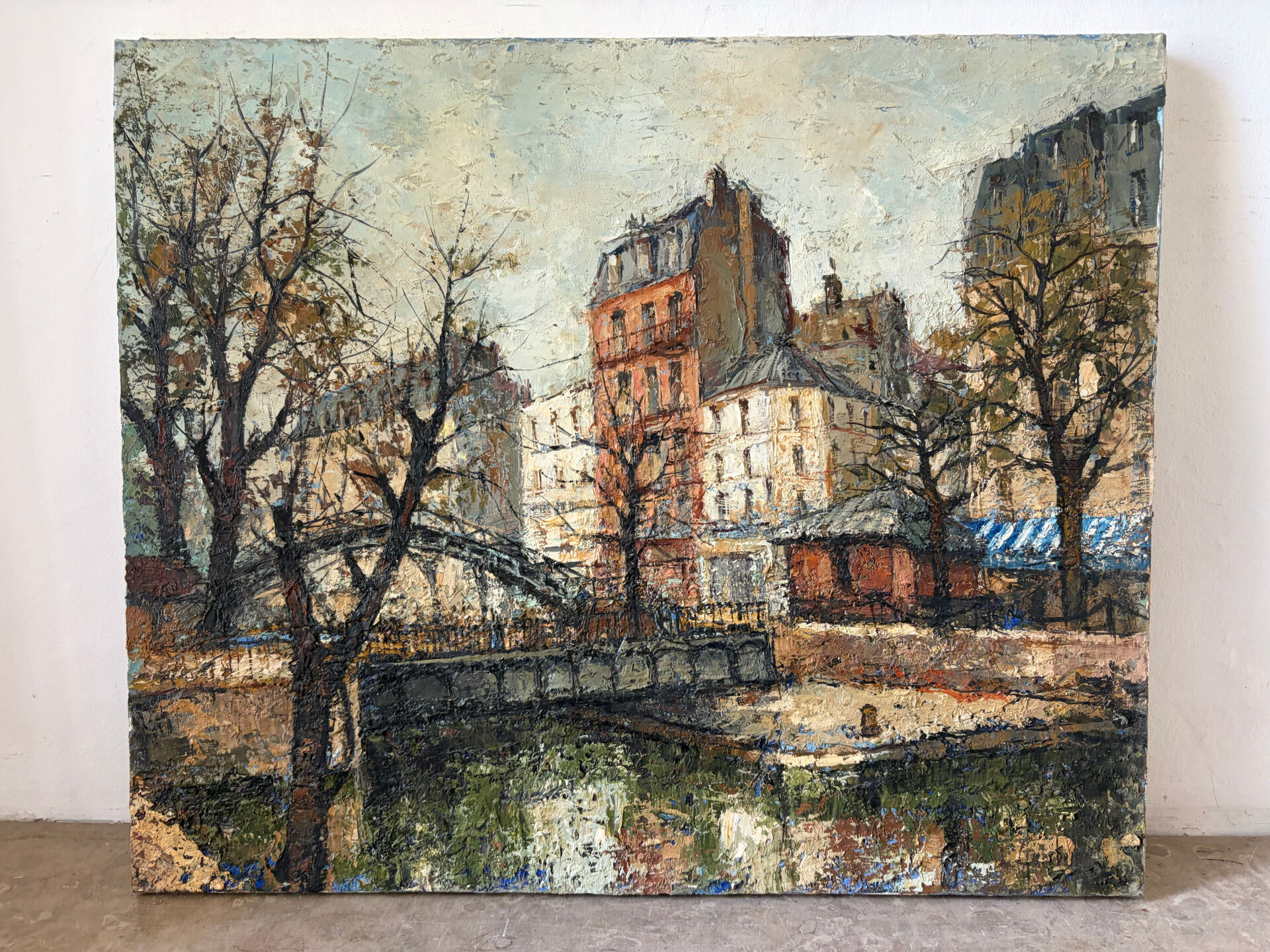 Saint Martin Canal in Paris, knife oil painting signed L Guerbier.