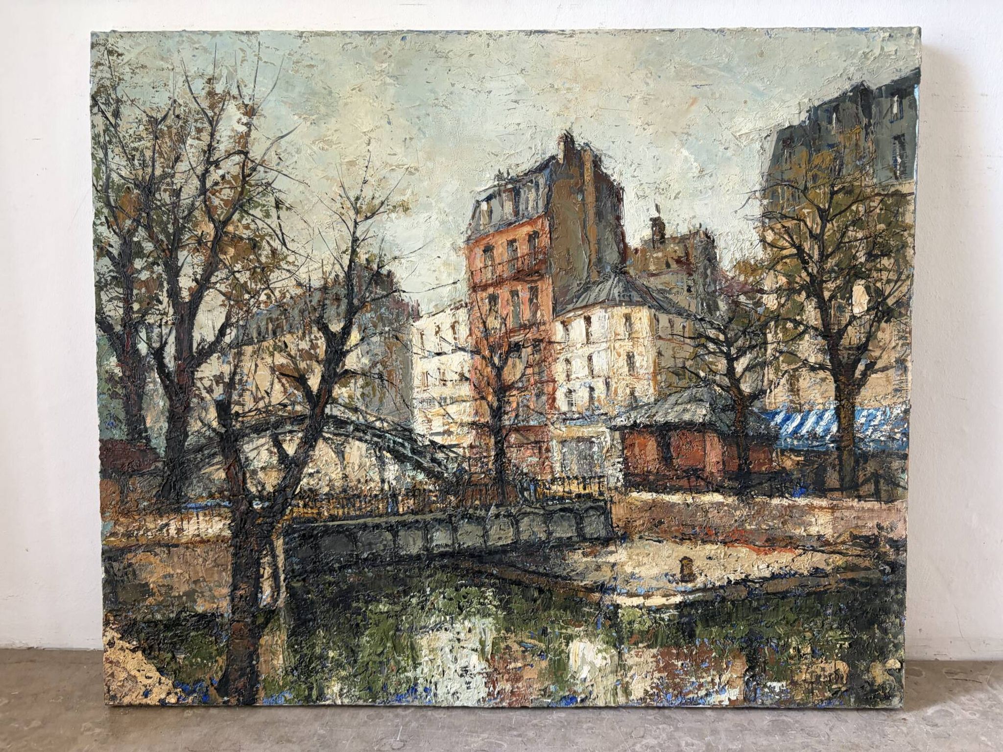 Saint Martin Canal in Paris, knife oil painting signed L Guerbier.