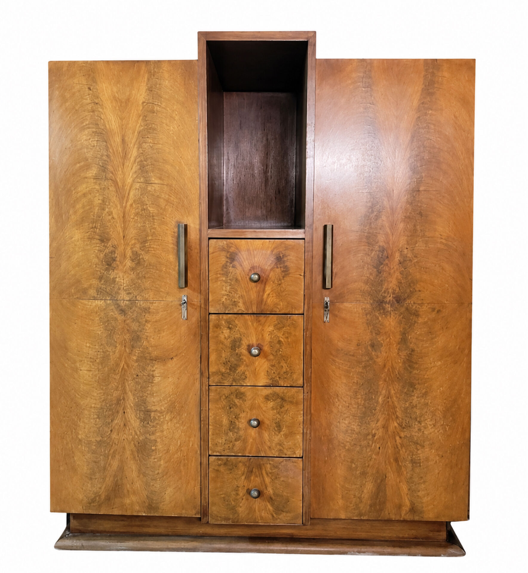 Armoire Art Déco, placage de ronce de bois, niche centrale & 4 tiroirs