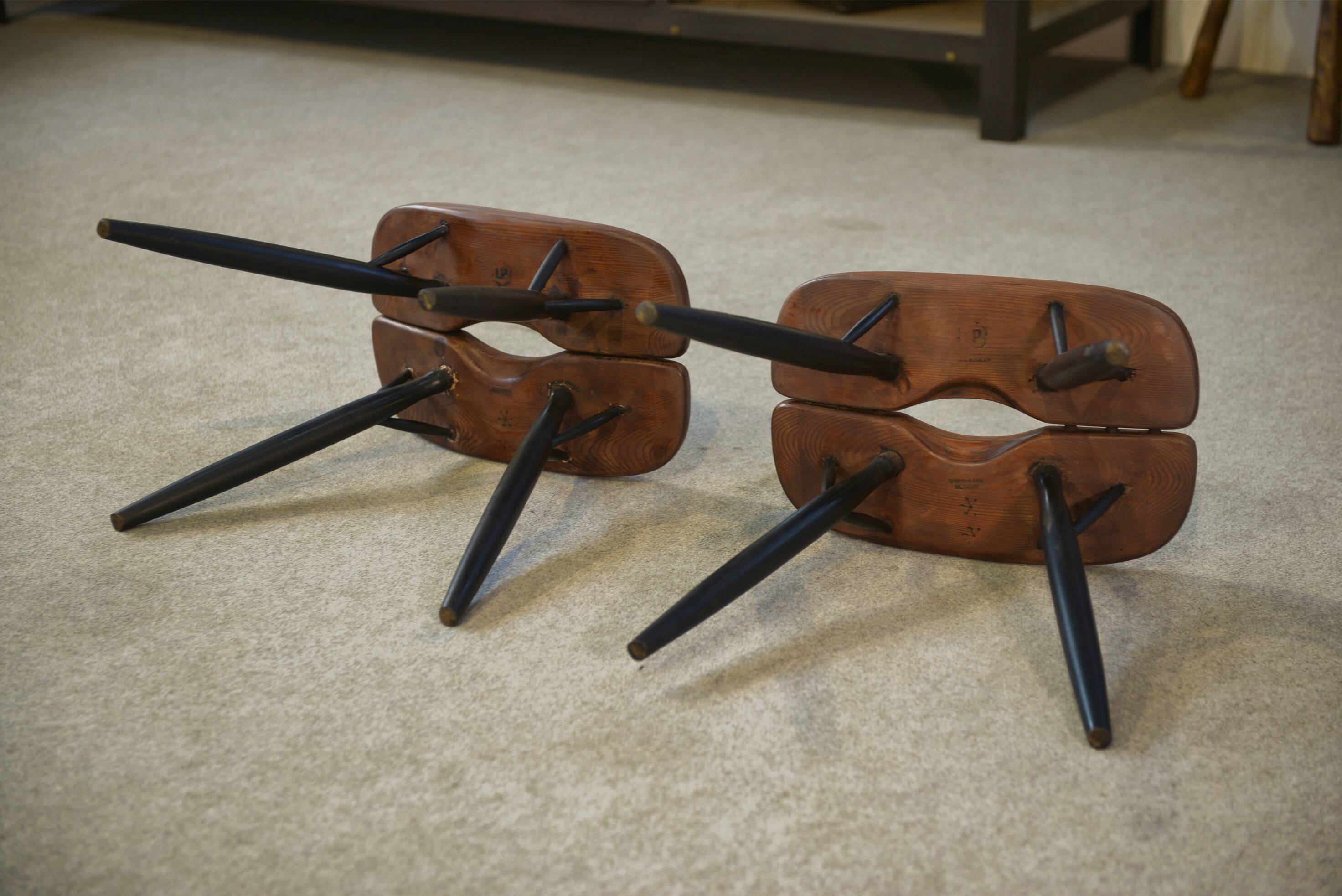 Pair of Pirkka stools by Ilmari Tapiovaara for Laukaan Puu (first edition, stamped) 1950s