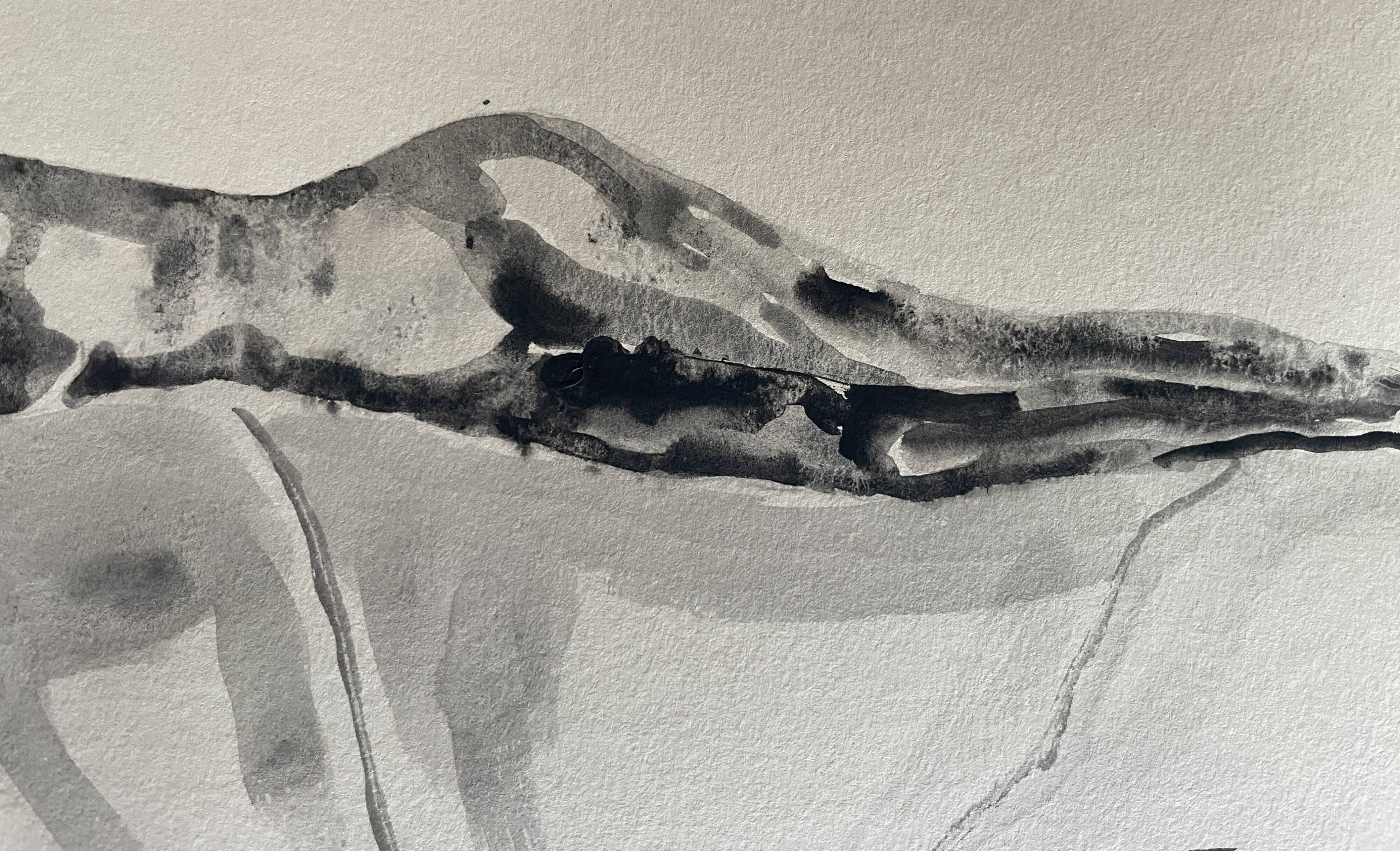 Black monochrome watercolor of a reclining woman signed