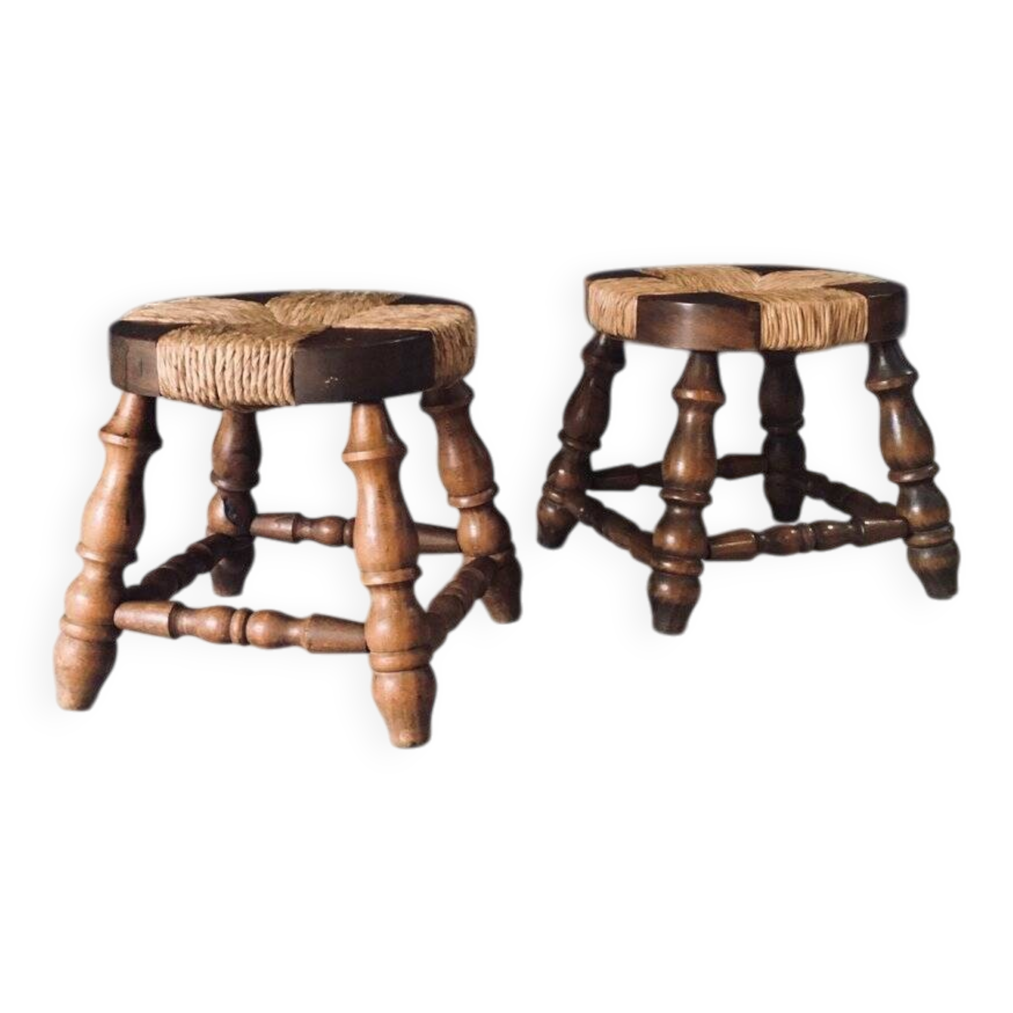 Rustic Low Oak and Rush Stools in the style of Charles Dudouyt, France, 1940s, Set of 2