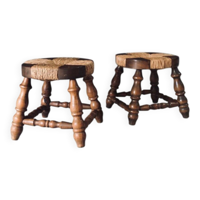 Rustic Low Oak & Rush Stools in the style of Charles Dudouyt, France, 1940s, Set of 2