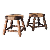 Rustic Low Oak and Rush Stools in the style of Charles Dudouyt, France, 1940s, Set of 2