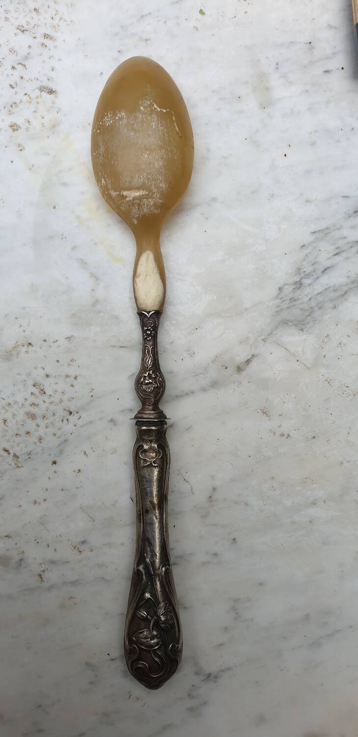 Art Nouveau salad servers in horn and silver metal