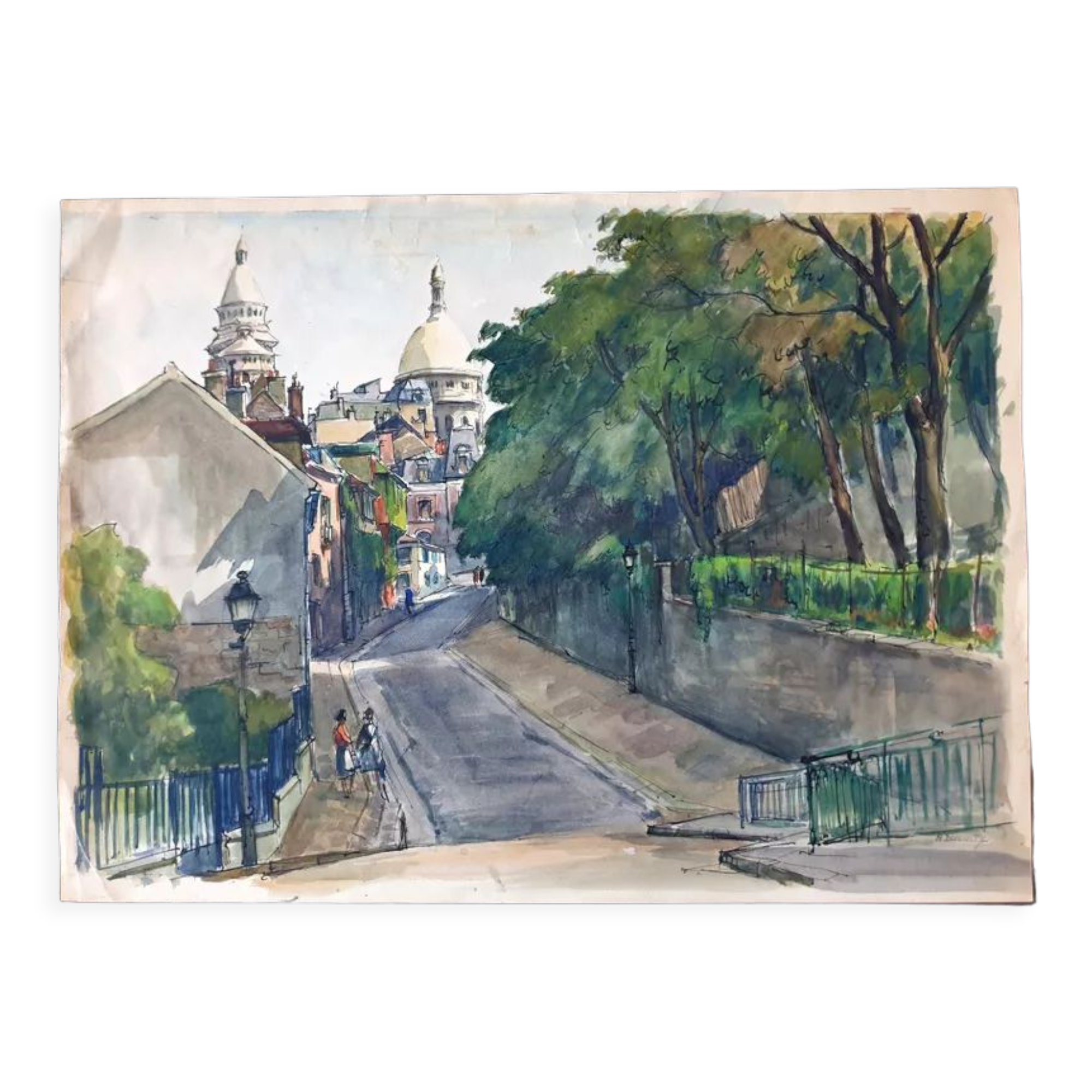 André Duculty (1912-1990) Watercolor on paper "Square du Sacré Coeur in Montmartre, Paris" Signed