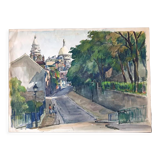 André Duculty (1912-1990) Watercolor on paper "Square du Sacré Coeur in Montmartre, Paris" Signed