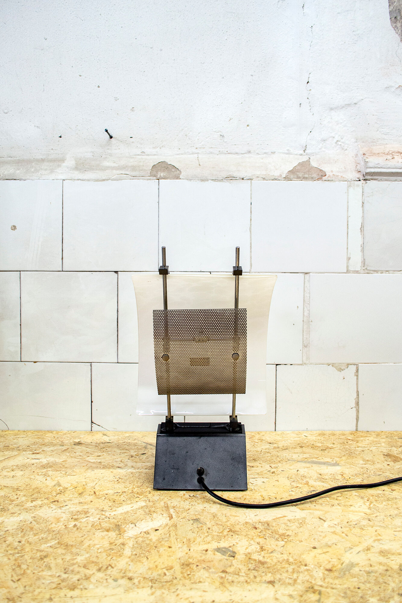 Pair of table lamps in metal and murano glass by Alox Italia Anni '80