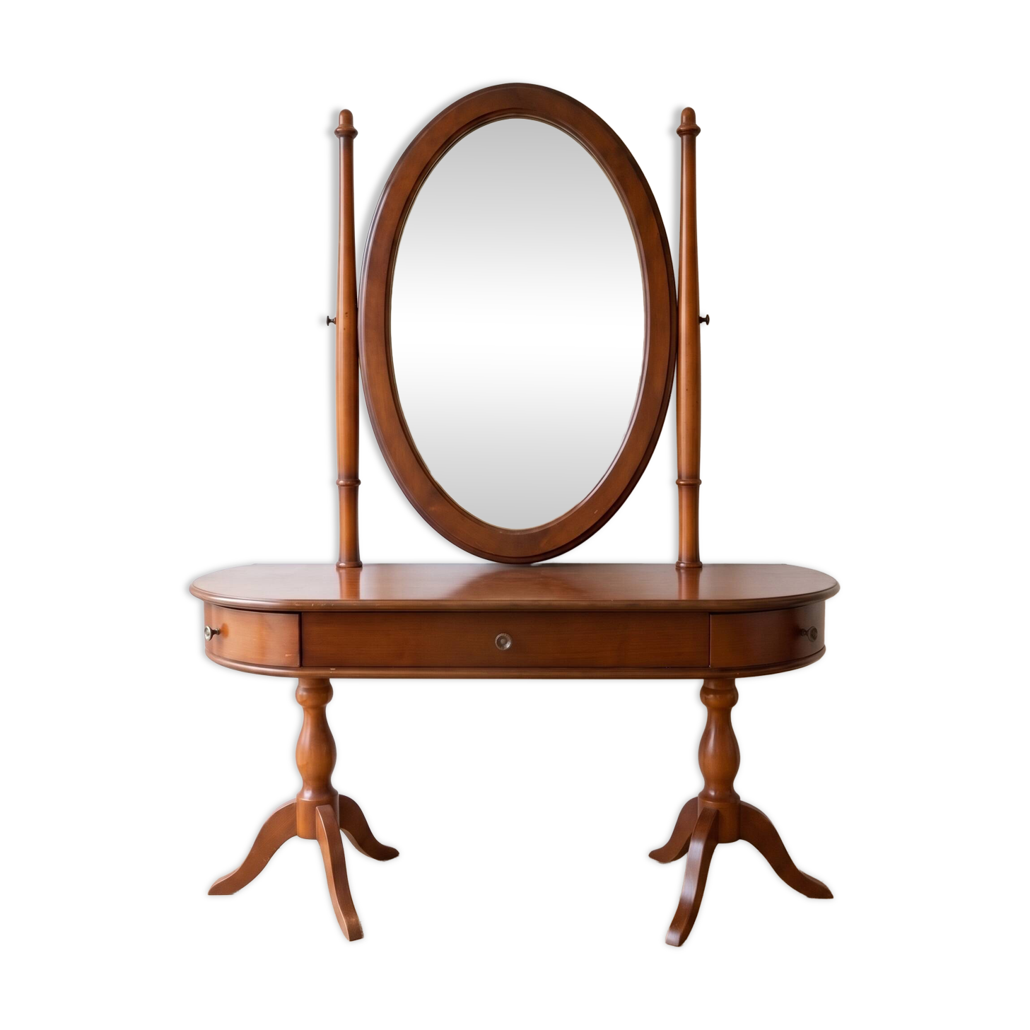 Traditional wooden dressing table with oval mirror.