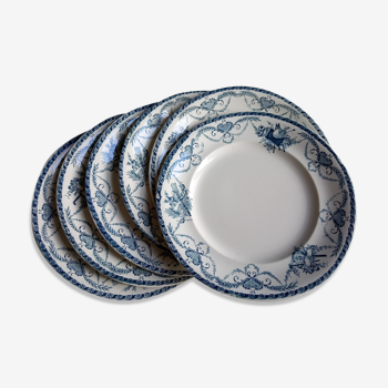 6 old dessert plates, blue décor - iron earth