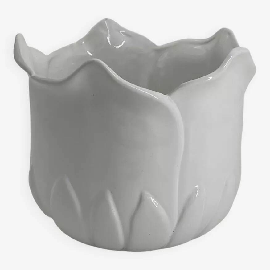 Cache-pot vintage en forme de tulipe en porcelaine blanche
