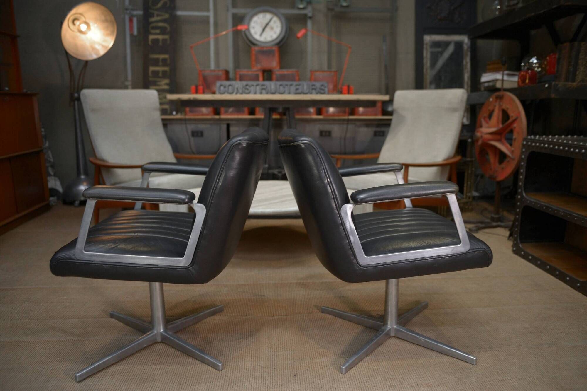 Set of 3 designer swivel metal leather office armchairs 1970