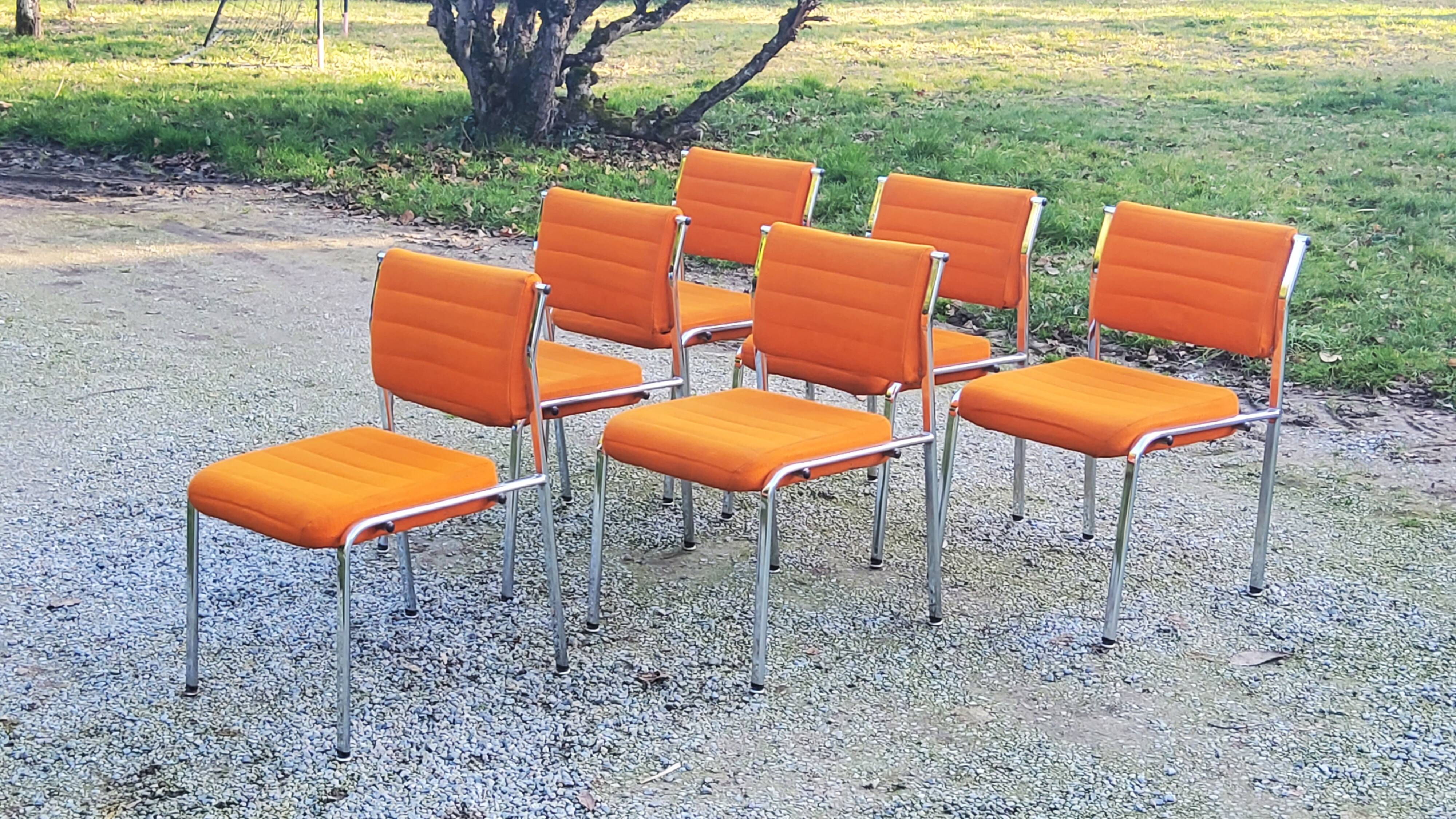 Set of 6 designer chairs from the 70s orange fabrics and chrome tubes