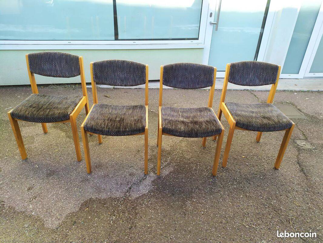 Set of 4 chairs in blond wood and gray fabric - vintage