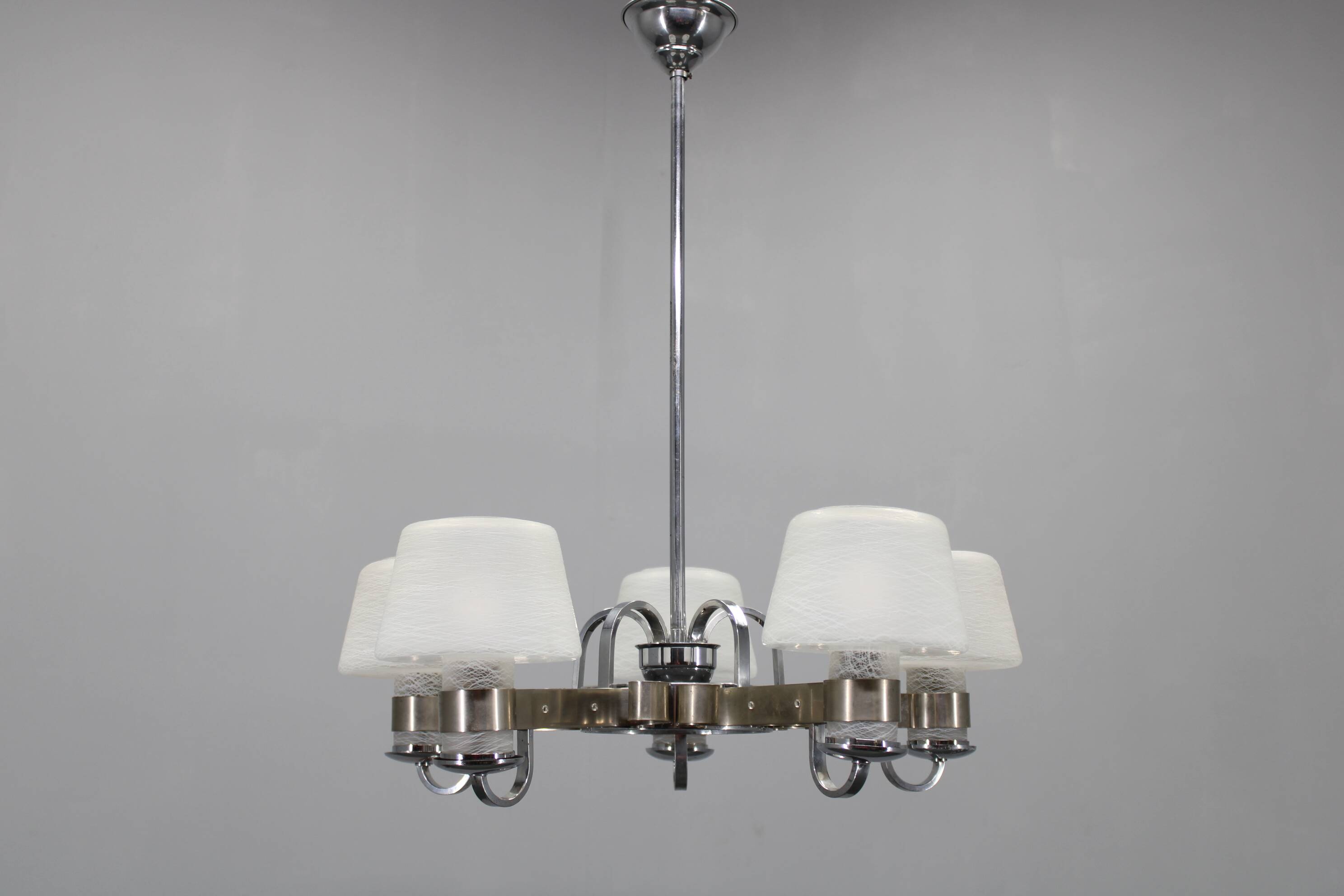 Art Deco nickel chandelier with textured glass, Czechoslovakia, 1930s