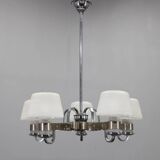 Art Deco nickel chandelier with textured glass, Czechoslovakia, 1930s