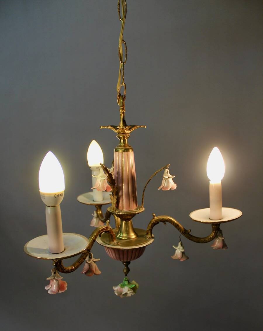 Small Italian Bronze Chandelier with Porcelain Flowers and its 2 Wall Sconces