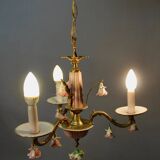 Small Italian Bronze Chandelier with Porcelain Flowers and its 2 Wall Sconces