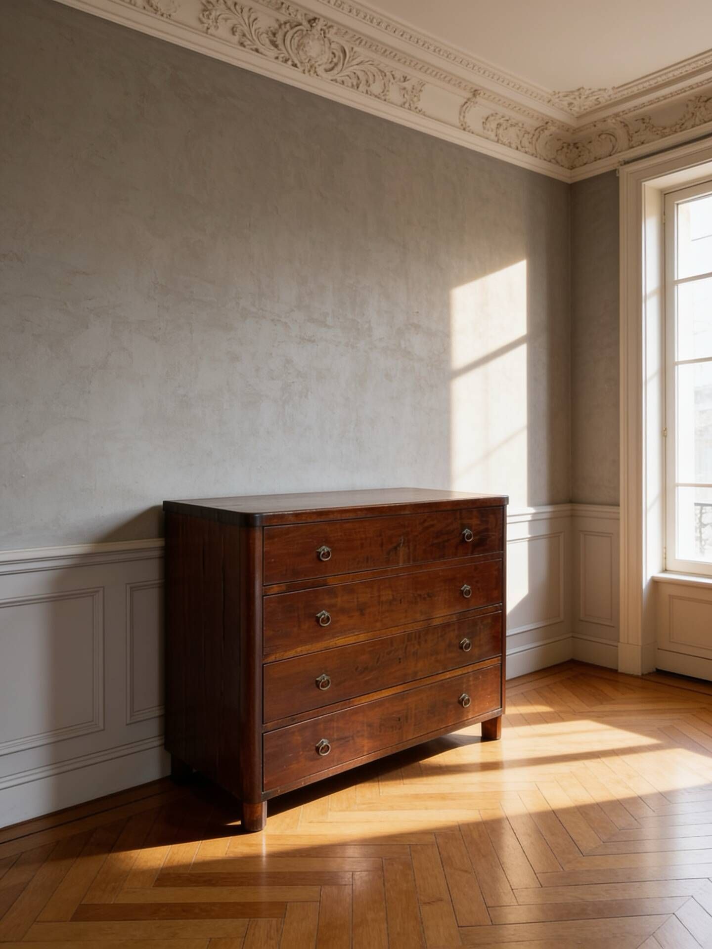 Italian art deco burl walnut chest of drawers, 1850s.