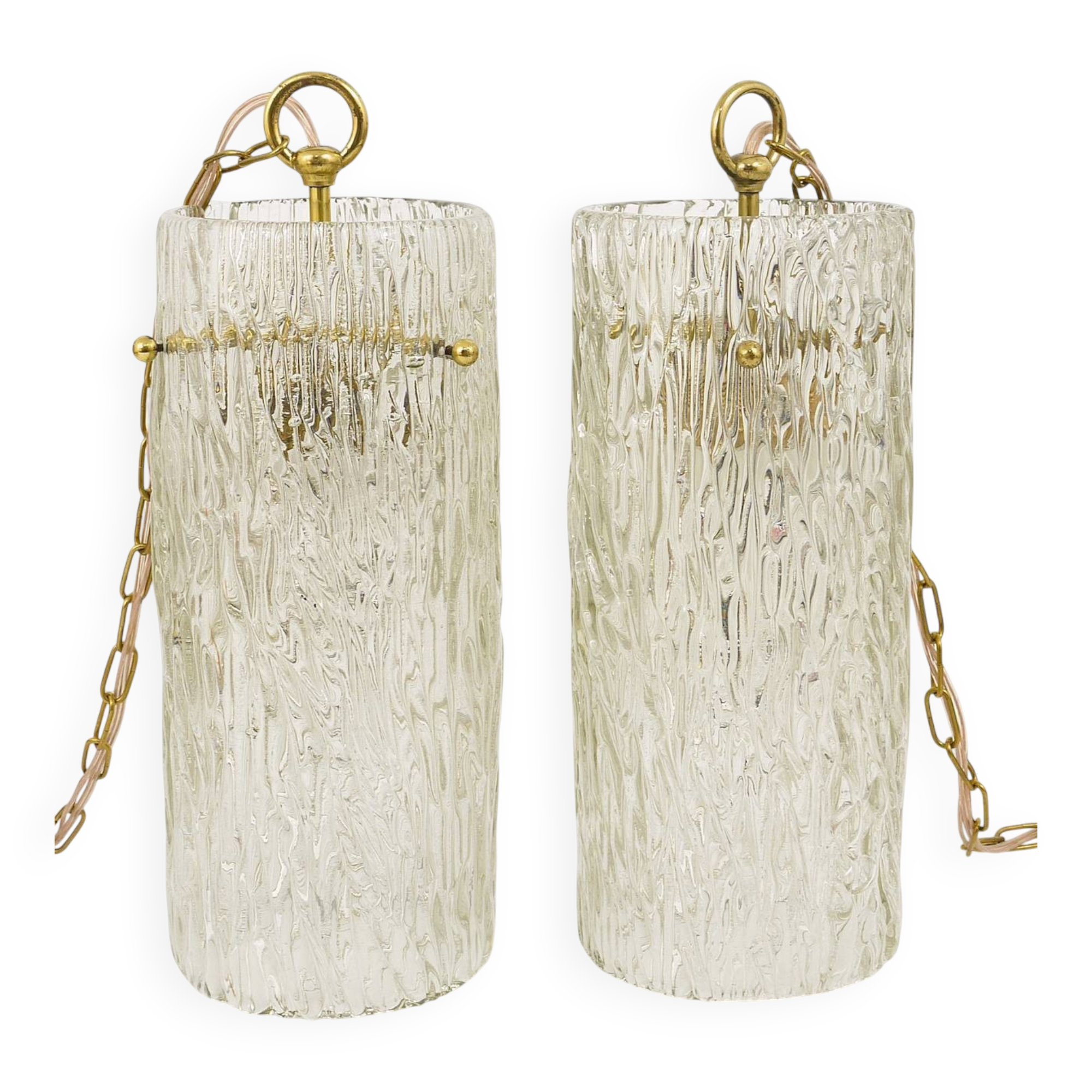 Two suspended lamps in glass and brass by J.T. Kalmar, Vienna, mid-century, Austria, 1950s.